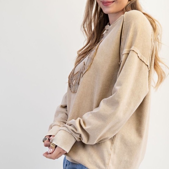 NEW EASEL CLOTHING WASHED TERRY KNIT PULLOVER PEACE HOODIE OATMEAL SWEATSHIRT - Picture 4 of 5